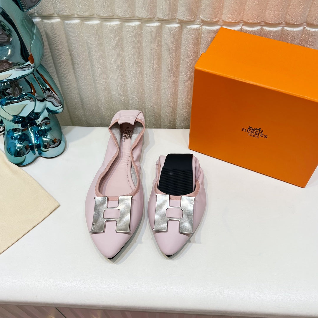 Hermes H-Buckle Balllet Flat Light Pink Calfskin