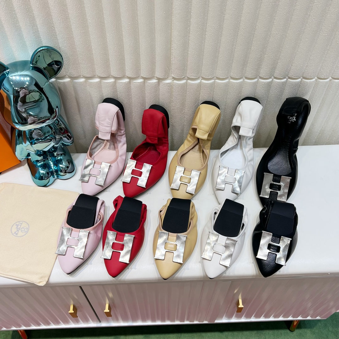 Hermes H-Buckle Balllet Flat Beige Calfskin