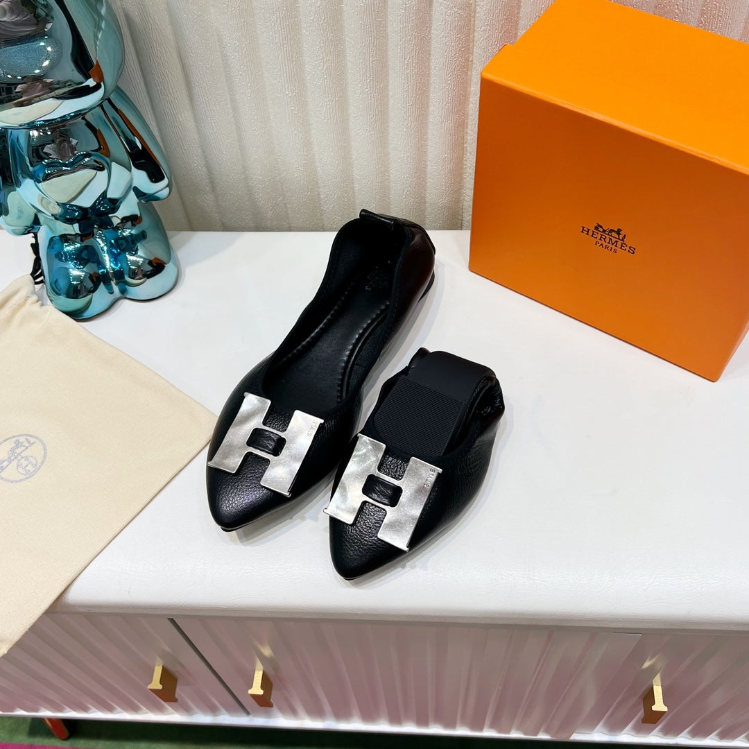 Hermes H-Buckle Balllet Flat Black Calfskin