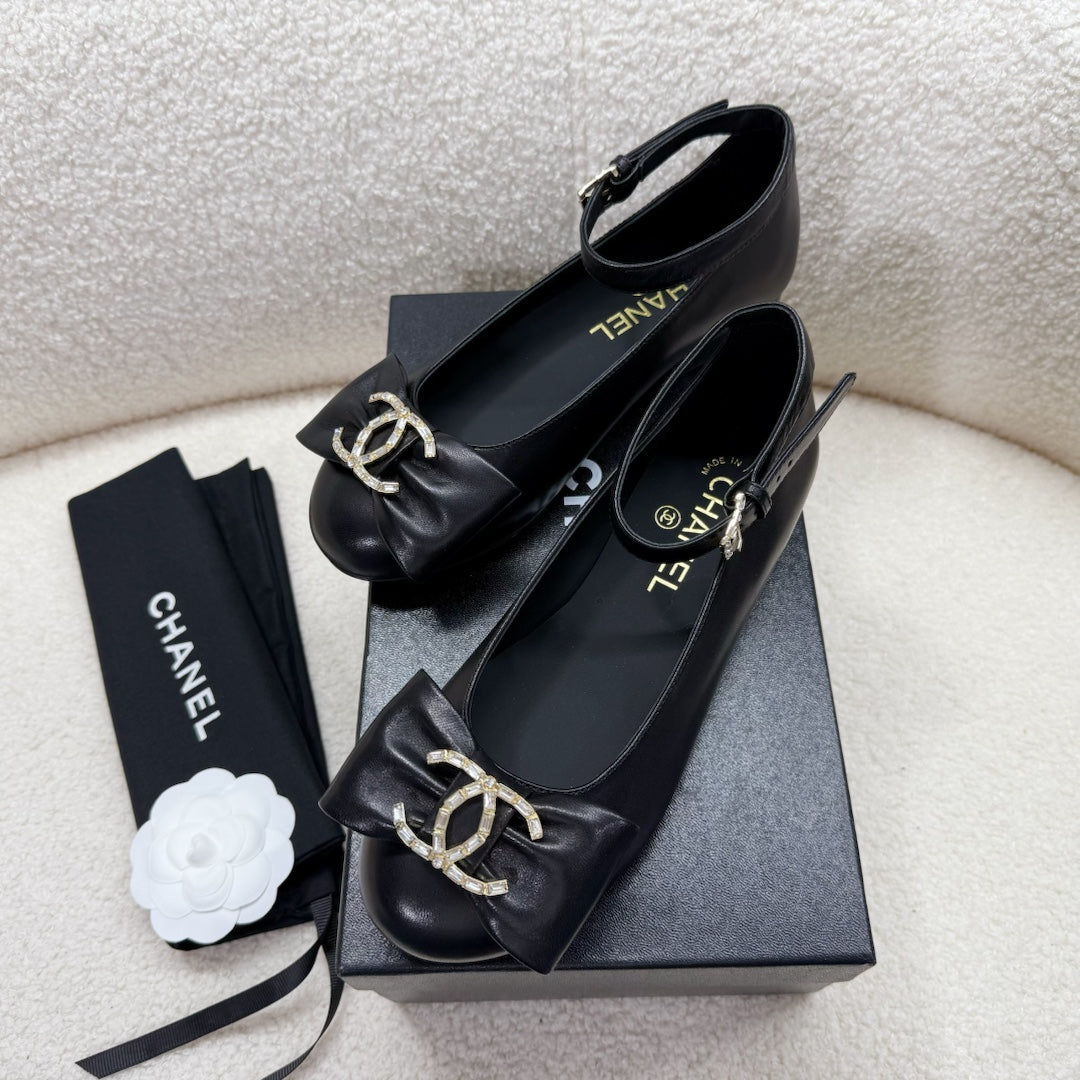 Chanel Mary Jane Bow Shoes in Black Lambskin