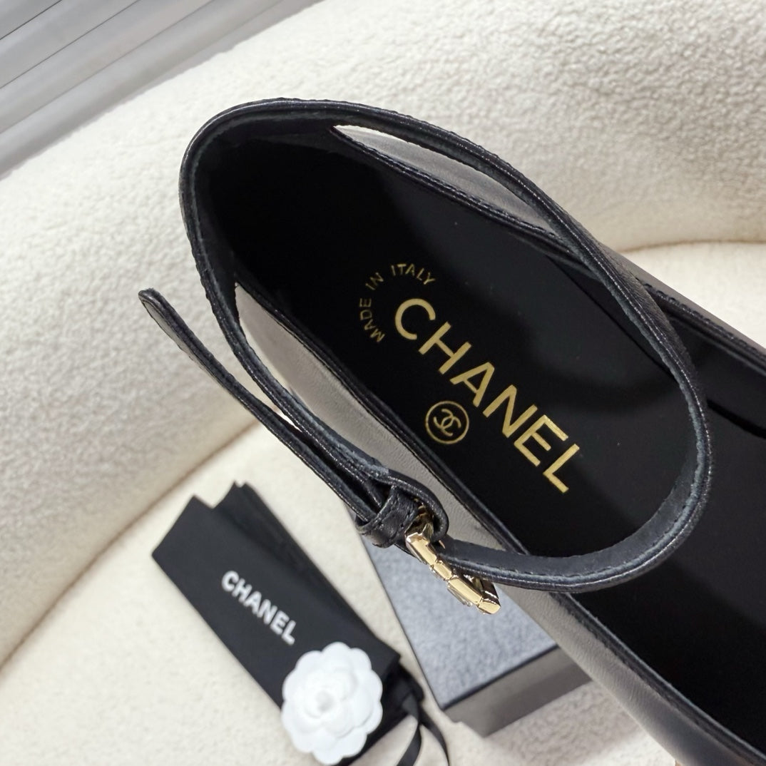 Chanel Mary Jane Bow Shoes in Black Lambskin