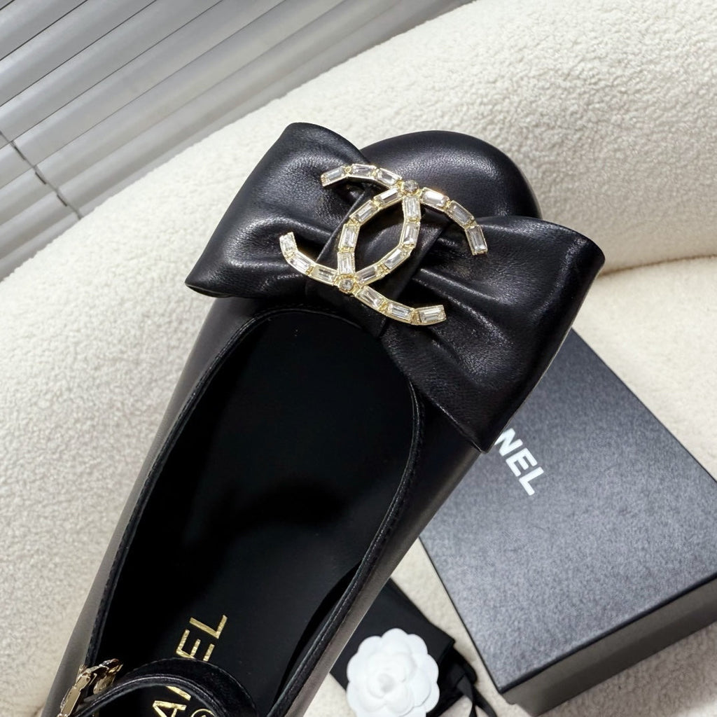 Chanel Mary Jane Bow Shoes in Black Lambskin