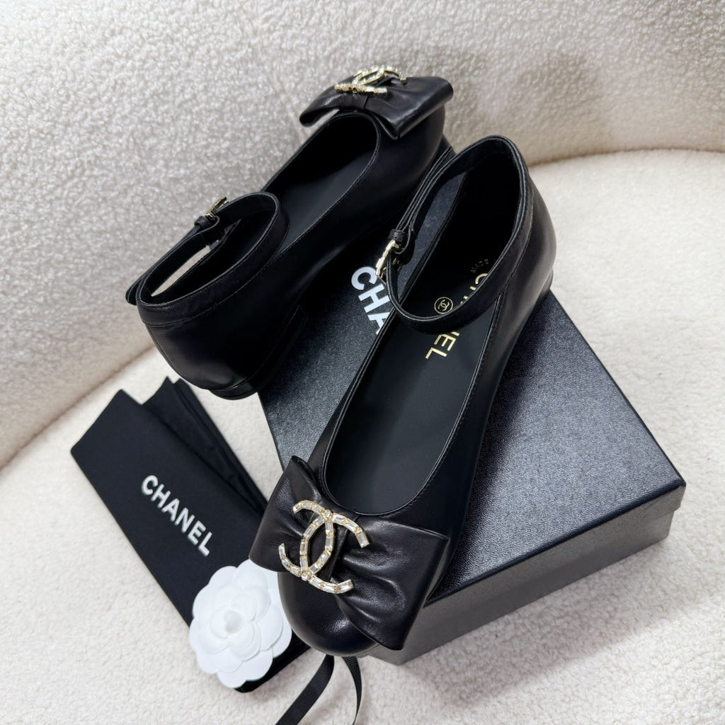 Chanel Mary Jane Bow Shoes in Black Lambskin