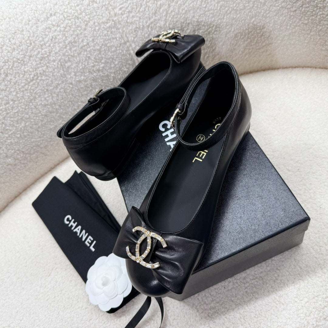 Chanel Mary Jane Bow Shoes in Black Lambskin