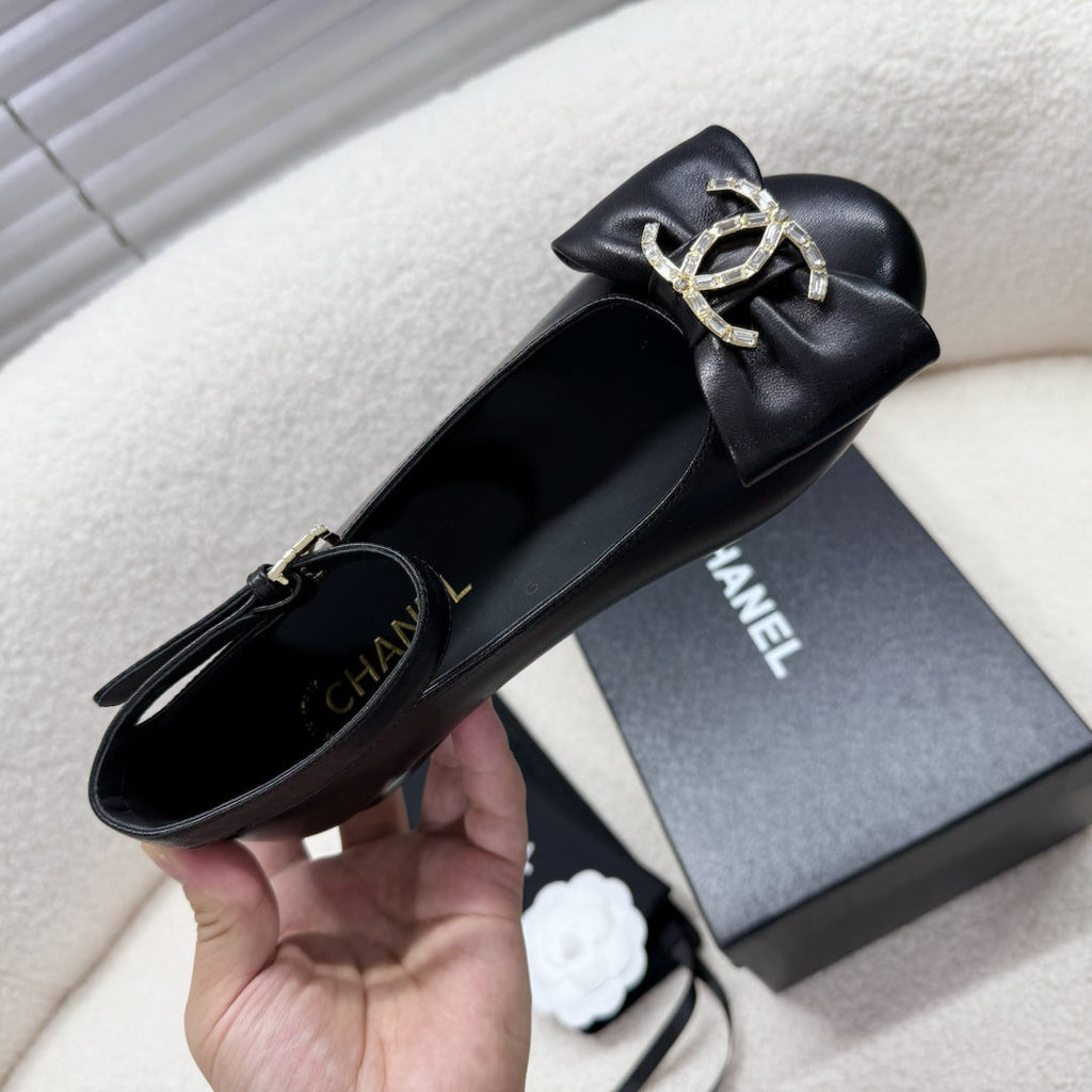 Chanel Mary Jane Bow Shoes in Black Lambskin