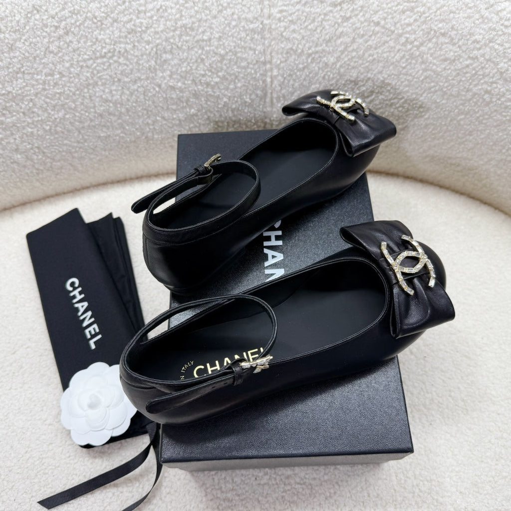 Chanel Mary Jane Bow Shoes in Black Lambskin