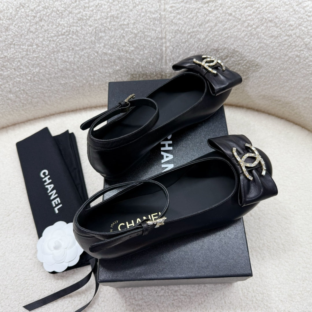 Chanel Mary Jane Bow Shoes in Black Lambskin
