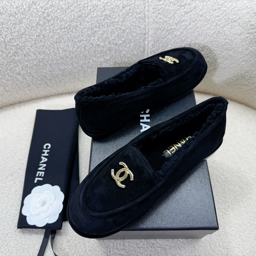 Chanel Loafer in Black Suede and Wool Lining