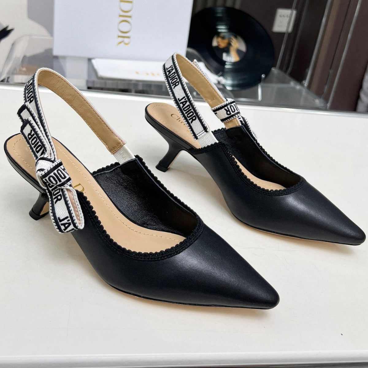 Dior J'A Slingback Pump Black Calfskin and Embroidered Fabric 65 mm