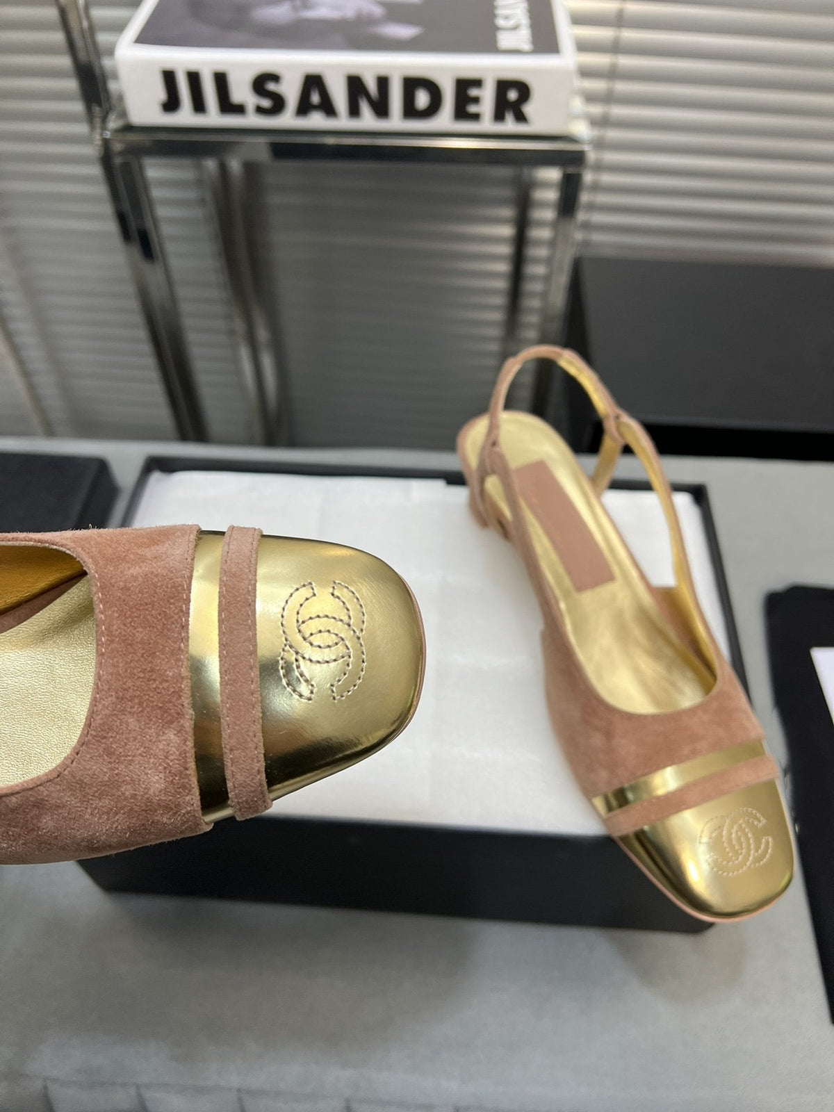 Chanel Slingback Rose Suede Gold Metalic Lambskin Square Toe 5.0