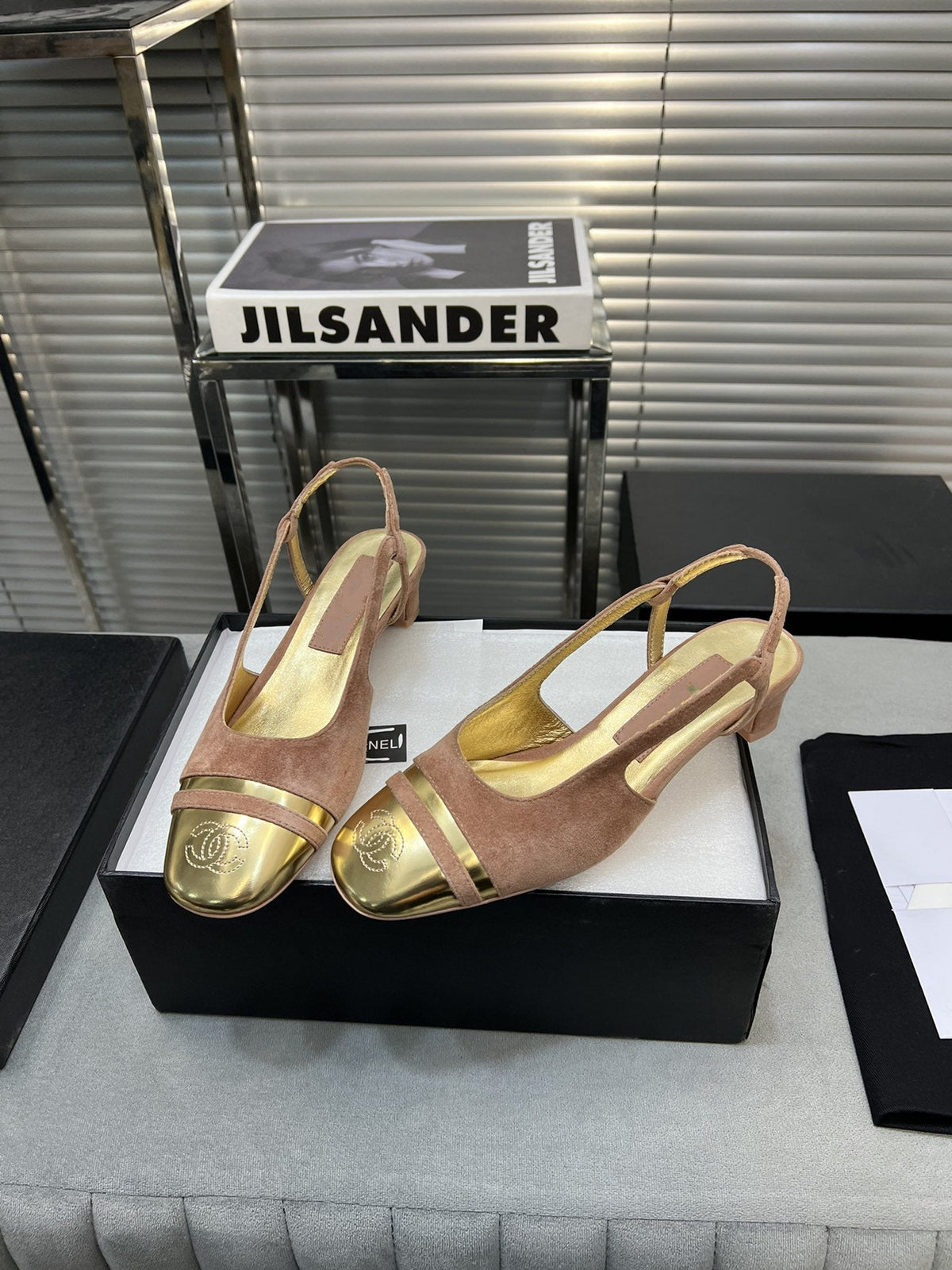 Chanel Slingback Rose Suede Gold Metalic Lambskin Square Toe 5.0