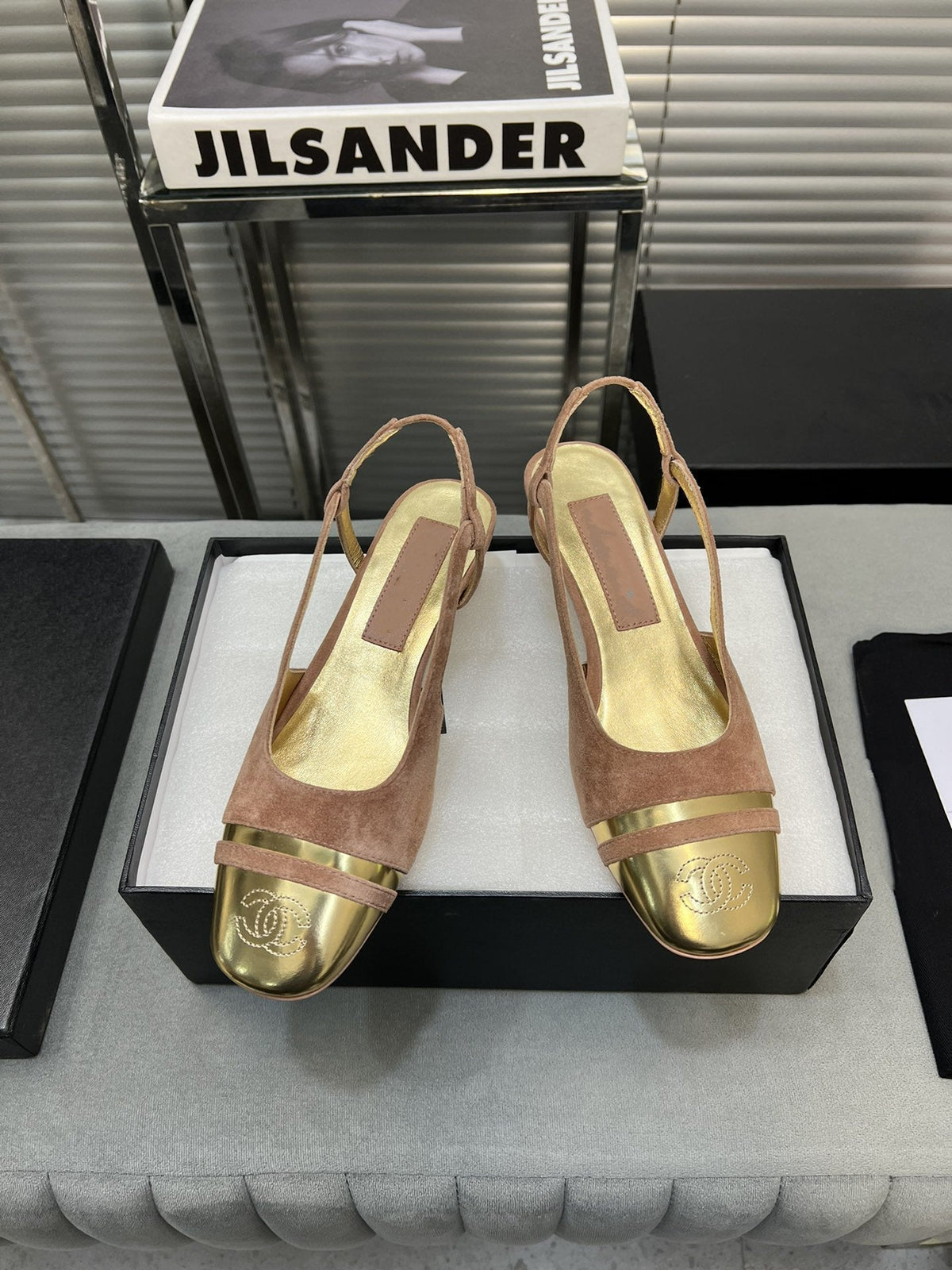 Chanel Slingback Rose Suede Gold Metalic Lambskin Square Toe 5.0