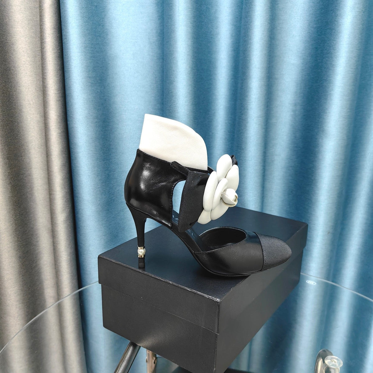 Chanel High Heels in Black Sheepskin with White Flower