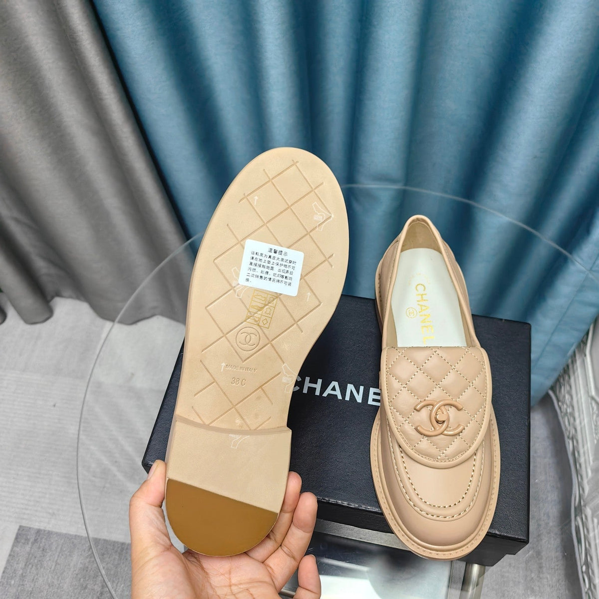 Chanel Moccasins Beige Quilted Lambskin