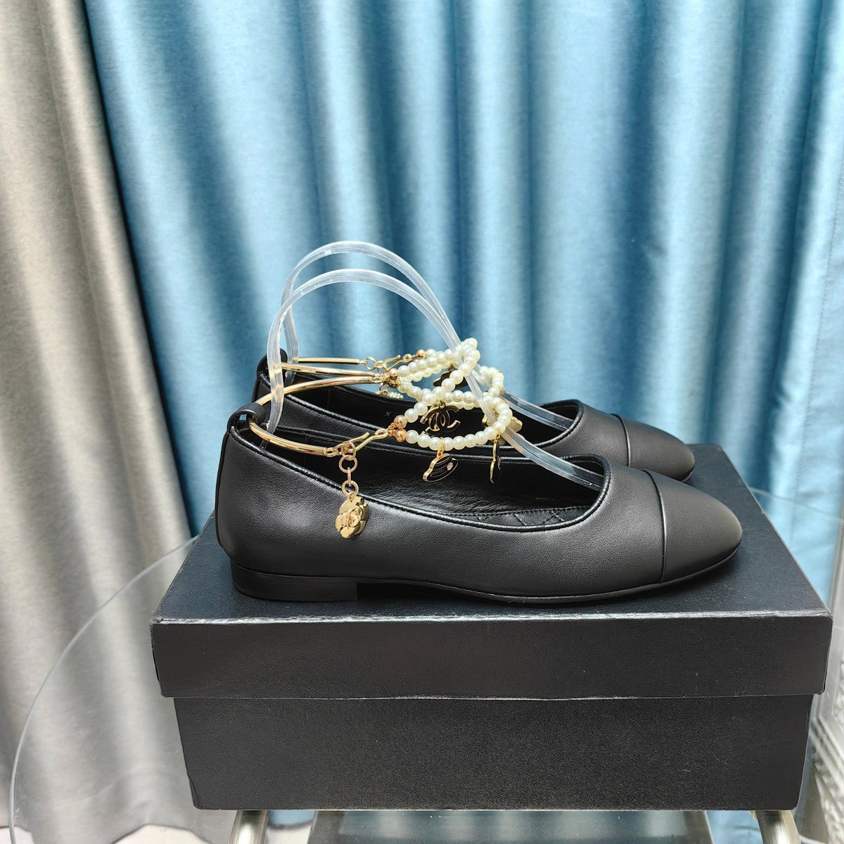 Chanel Mary Jane with Pearl Strap in Black Lambskin