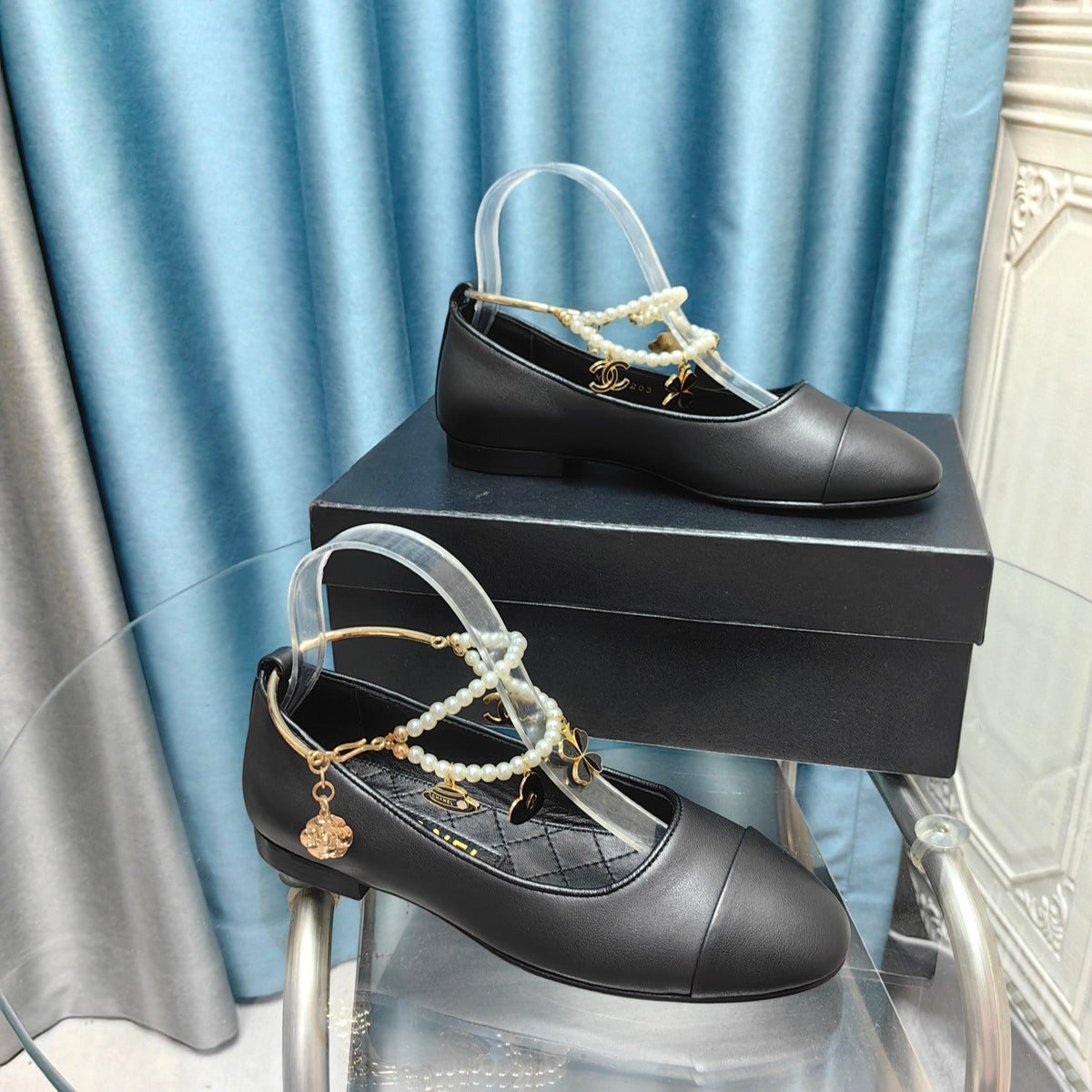 Chanel Mary Jane with Pearl Strap in Black Lambskin
