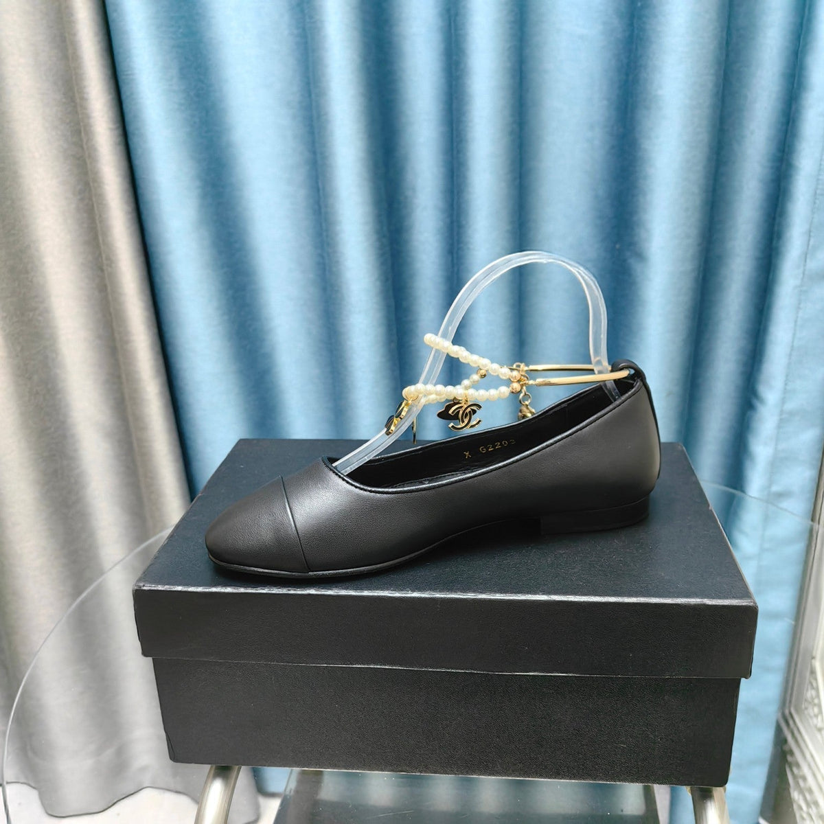 Chanel Mary Jane with Pearl Strap in Black Lambskin