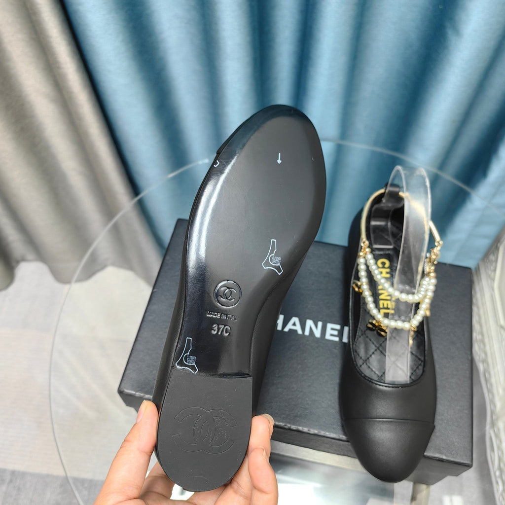 Chanel Mary Jane with Pearl Strap in Black Lambskin