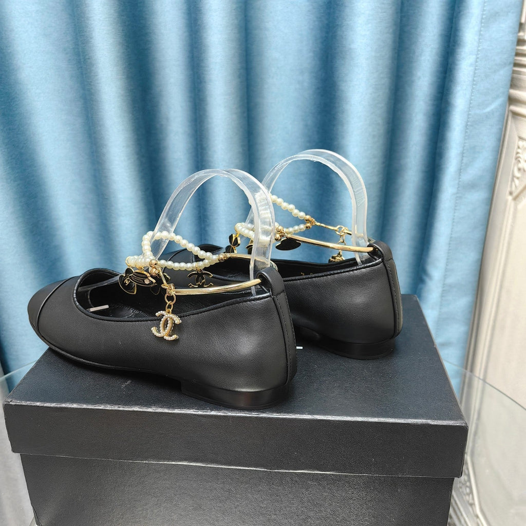 Chanel Mary Jane with Pearl Strap in Black Lambskin