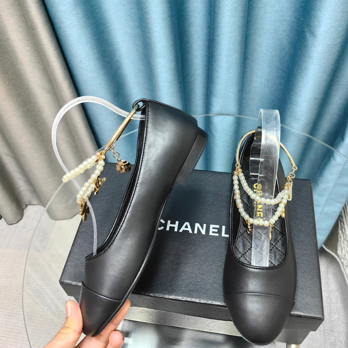 Chanel Mary Jane with Pearl Strap in Black Lambskin