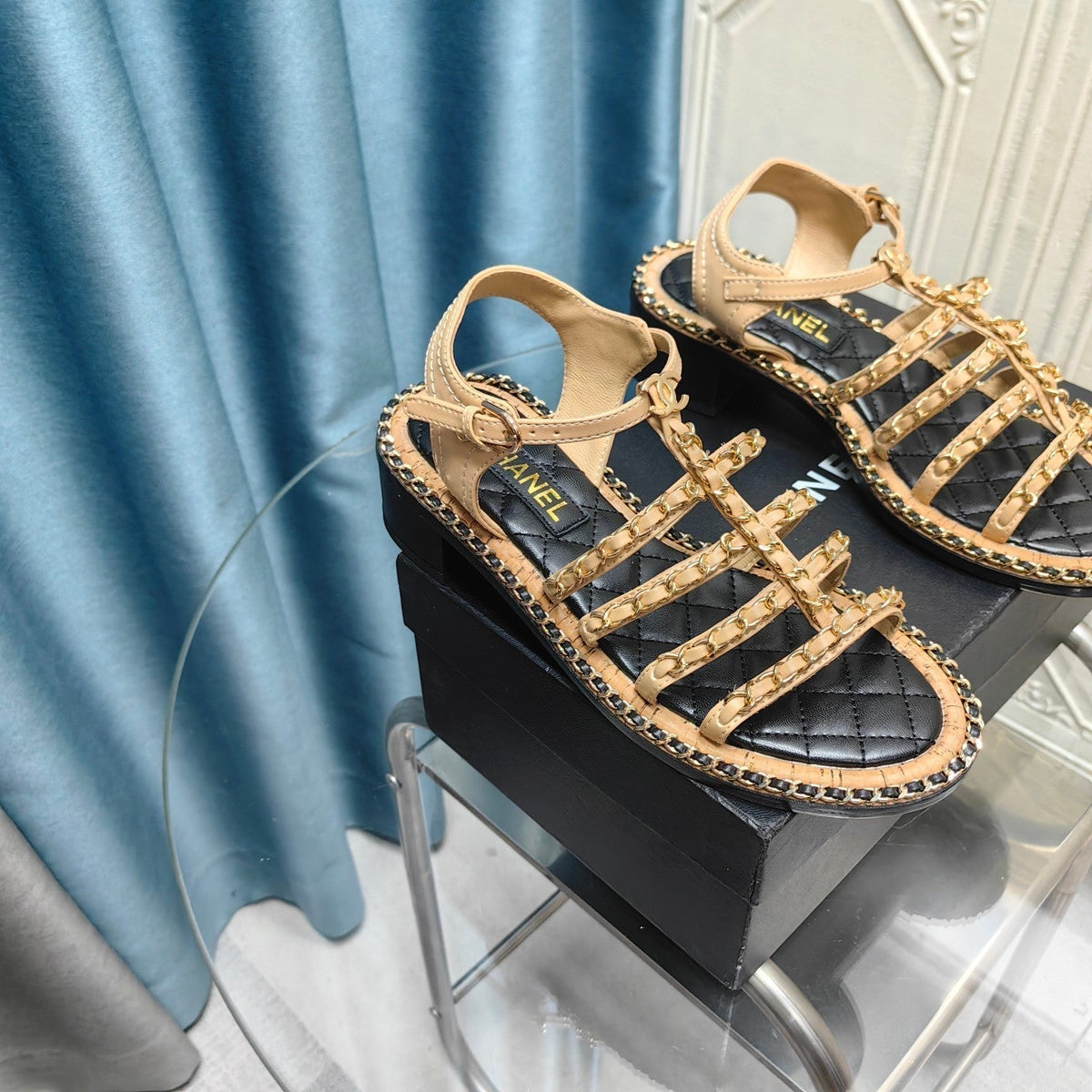 Chanel High Sandals with Three Straps in Dark Cream Calfskin