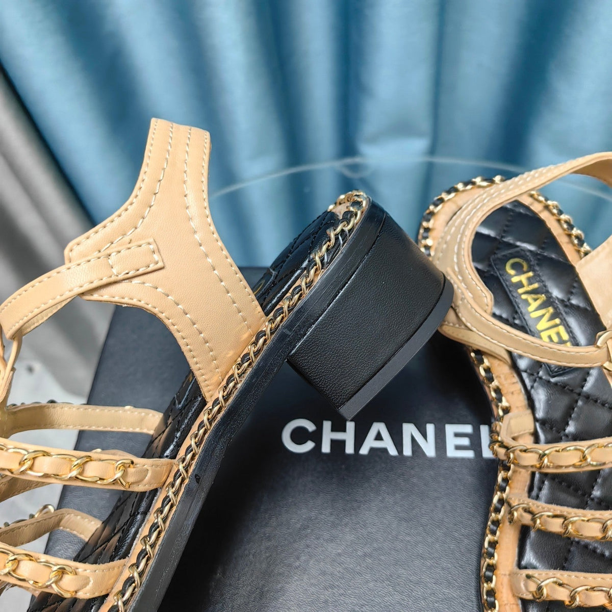 Chanel High Sandals with Three Straps in Dark Cream Calfskin