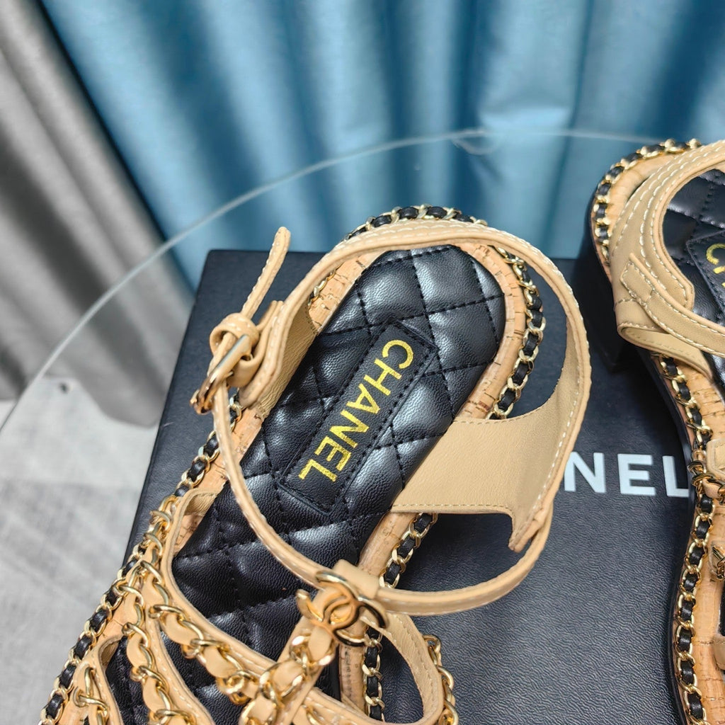 Chanel High Sandals with Three Straps in Dark Cream Calfskin