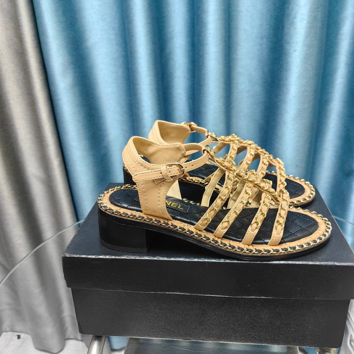 Chanel High Sandals with Three Straps in Dark Cream Calfskin