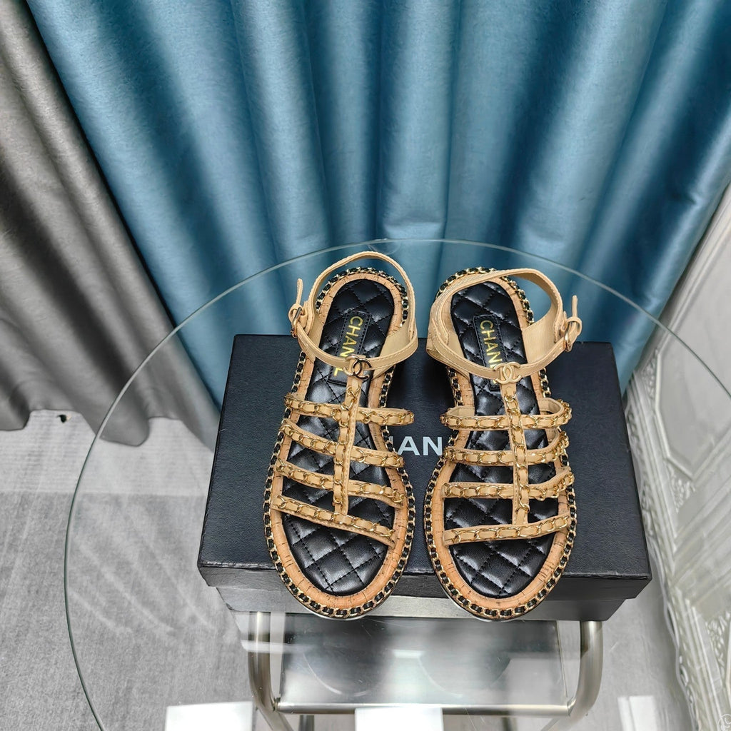 Chanel High Sandals with Three Straps in Dark Cream Calfskin