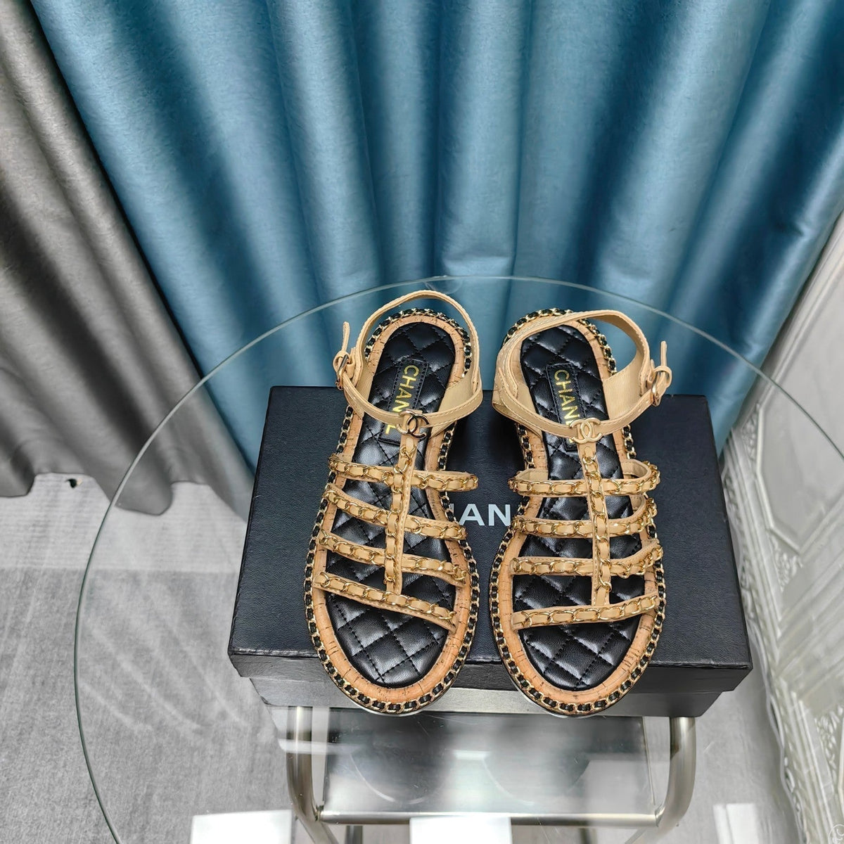Chanel High Sandals with Three Straps in Dark Cream Calfskin