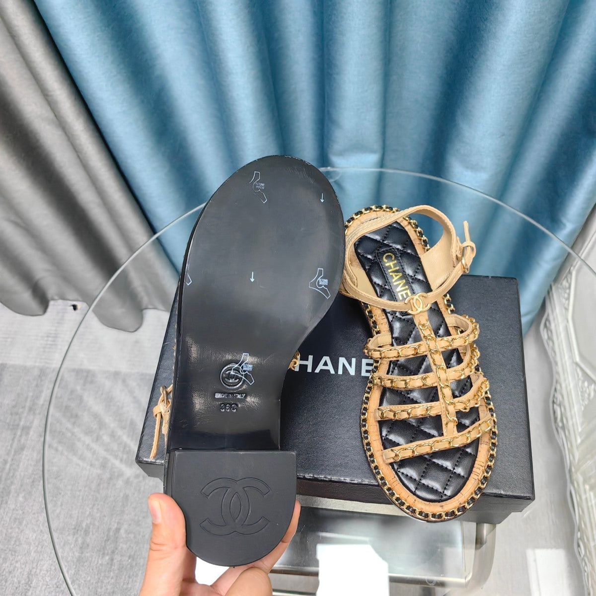 Chanel High Sandals with Three Straps in Dark Cream Calfskin