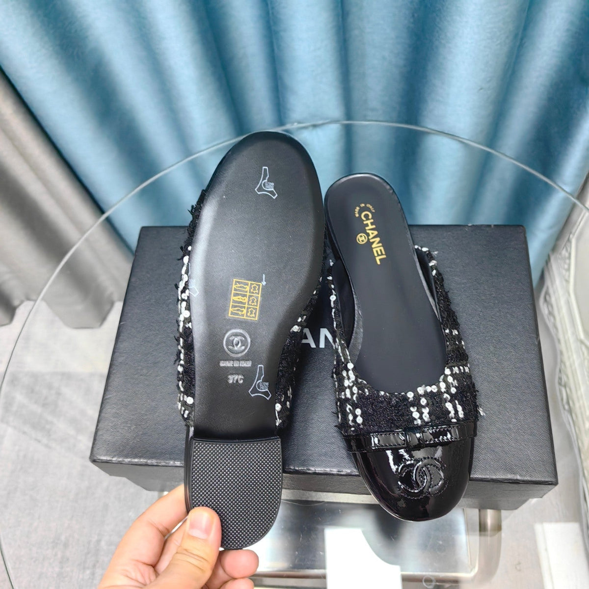 Chanel Mule in Black Tweed and Lambskin