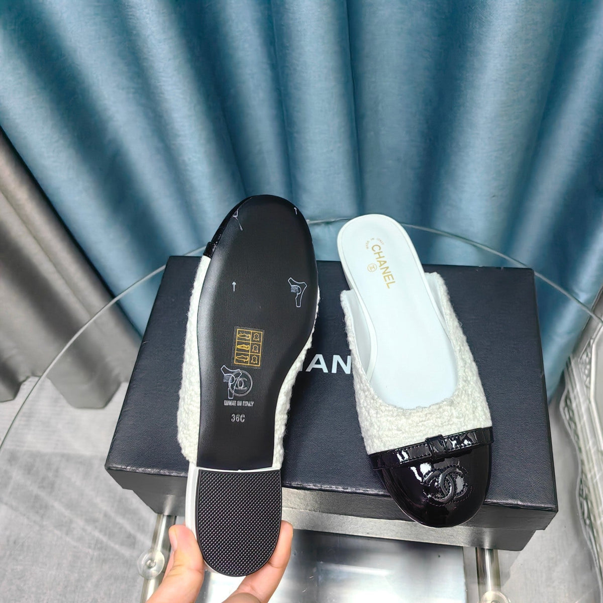 Chanel Mule in White Tweed and Black Lambskin