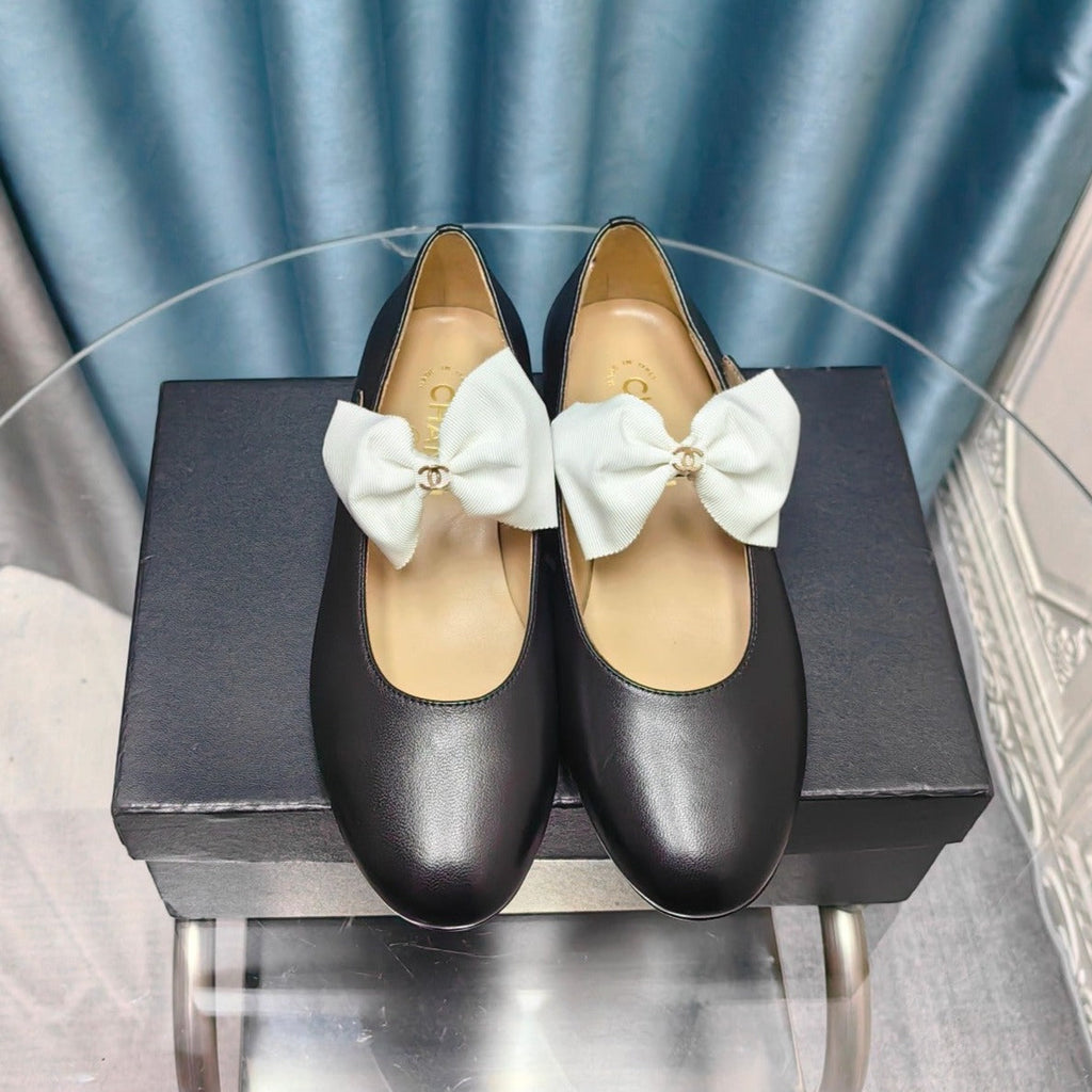 Chanel Mary Jane Shoes Black Sheepskin with White Bow