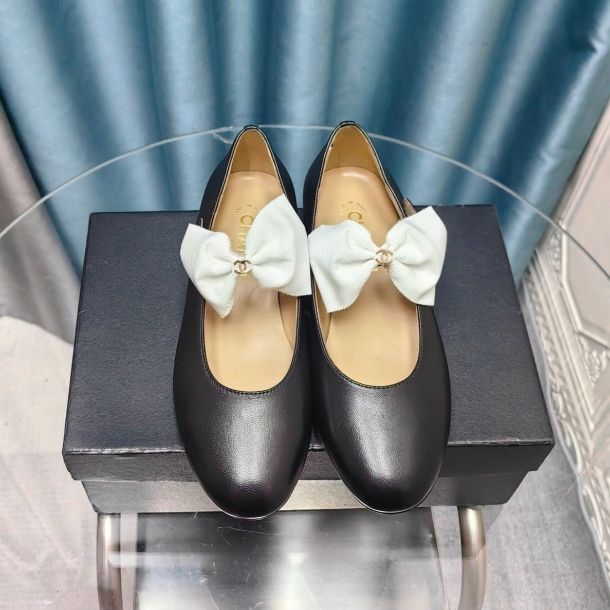 Chanel Mary Jane Shoes Black Sheepskin with White Bow