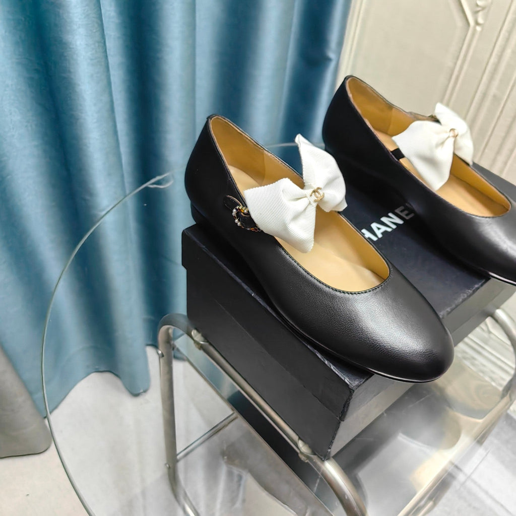 Chanel Mary Jane Shoes Black Sheepskin with White Bow