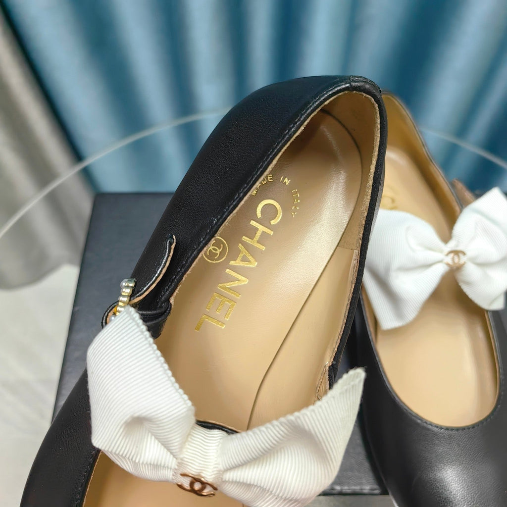 Chanel Mary Jane Shoes Black Sheepskin with White Bow