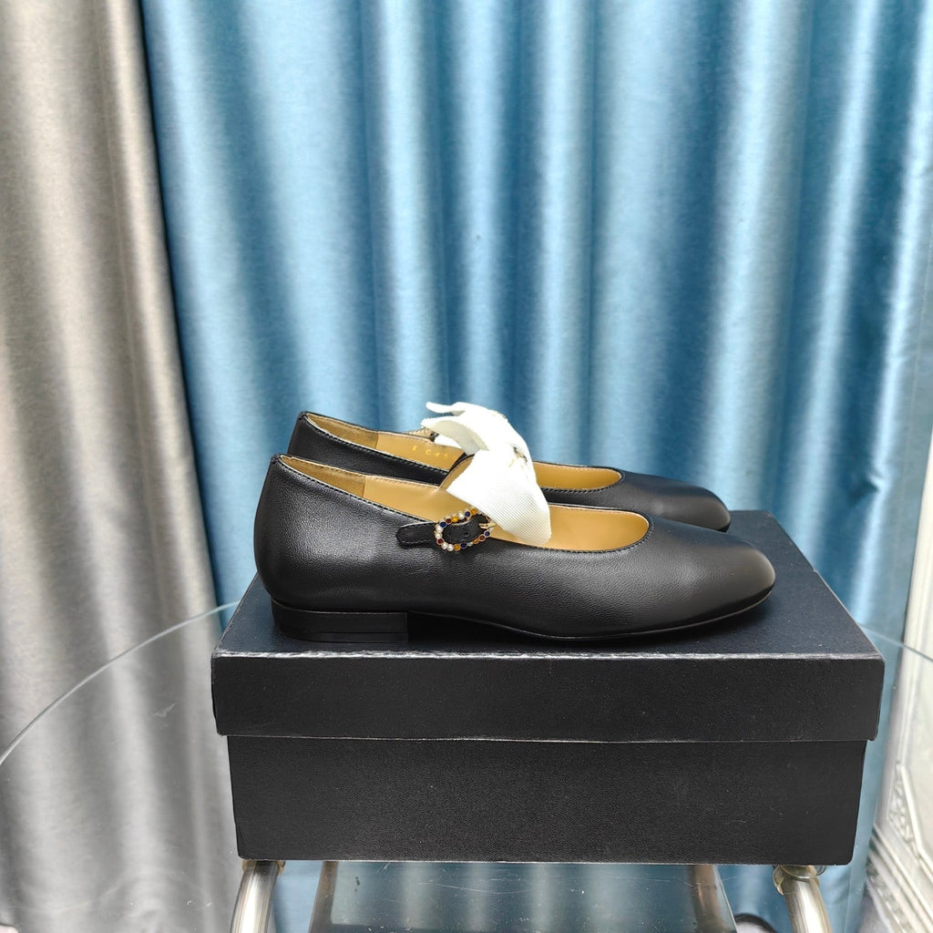 Chanel Mary Jane Shoes Black Sheepskin with White Bow