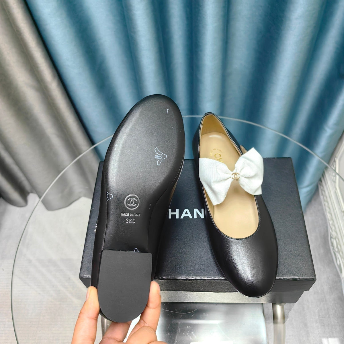 Chanel Mary Jane Shoes Black Sheepskin with White Bow