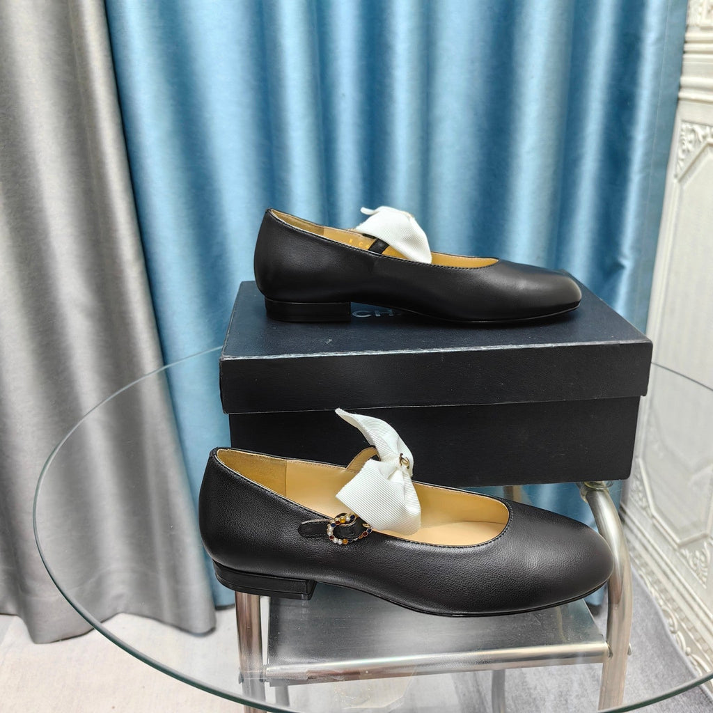 Chanel Mary Jane Shoes Black Sheepskin with White Bow