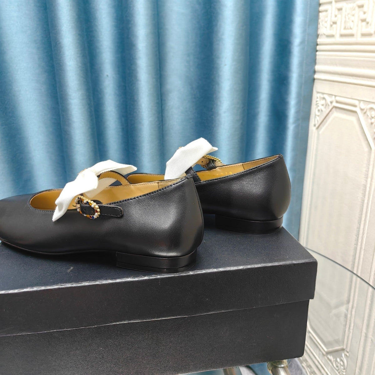 Chanel Mary Jane Shoes Black Sheepskin with White Bow