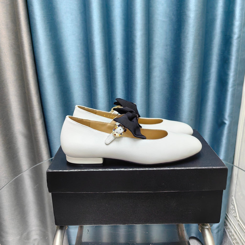 Chanel Mary Jane Shoes White Sheepskin with Black Bow