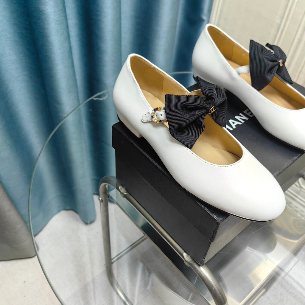 Chanel Mary Jane Shoes White Sheepskin with Black Bow