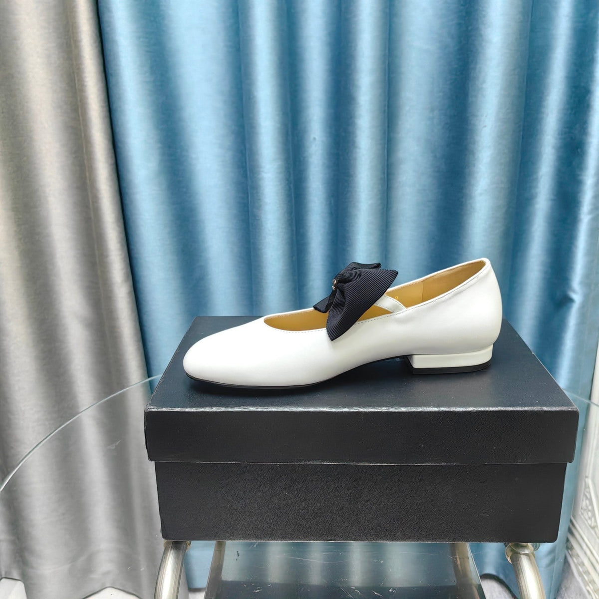 Chanel Mary Jane Shoes White Sheepskin with Black Bow