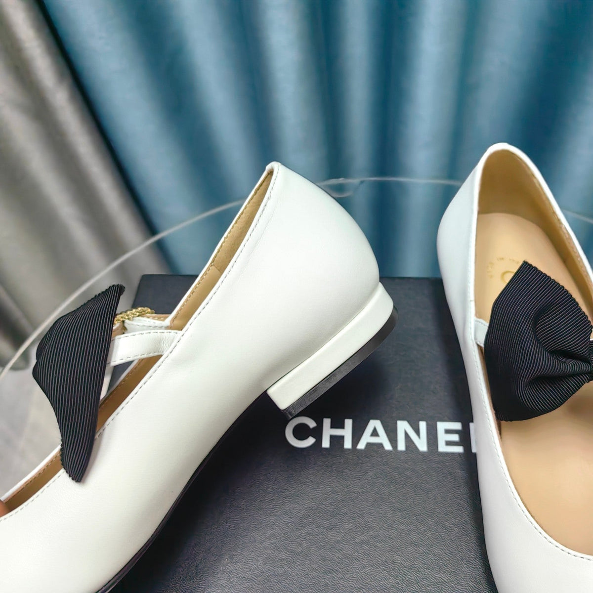 Chanel Mary Jane Shoes White Sheepskin with Black Bow