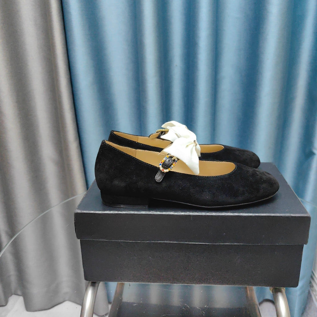 Chanel Mary Jane Shoes Black Suede with White Bow