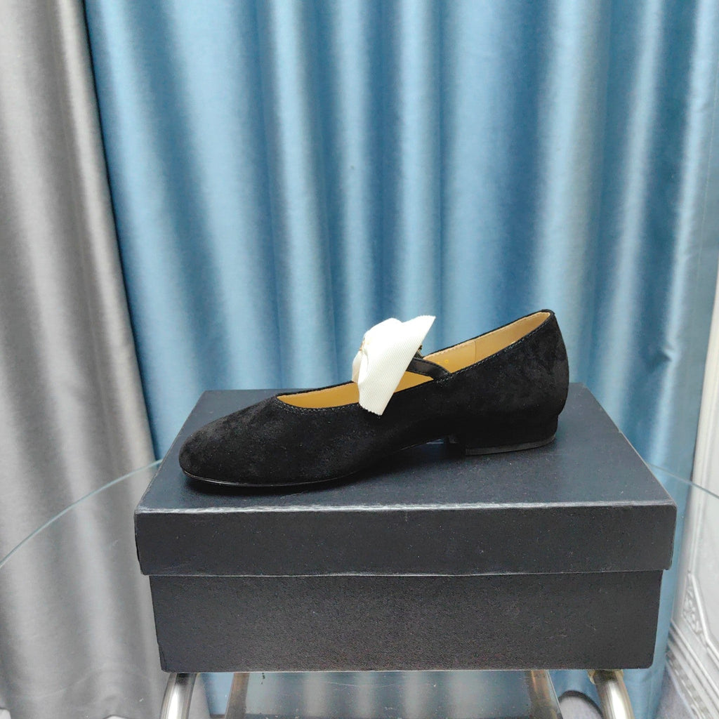 Chanel Mary Jane Shoes Black Suede with White Bow
