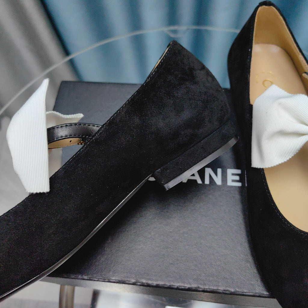 Chanel Mary Jane Shoes Black Suede with White Bow