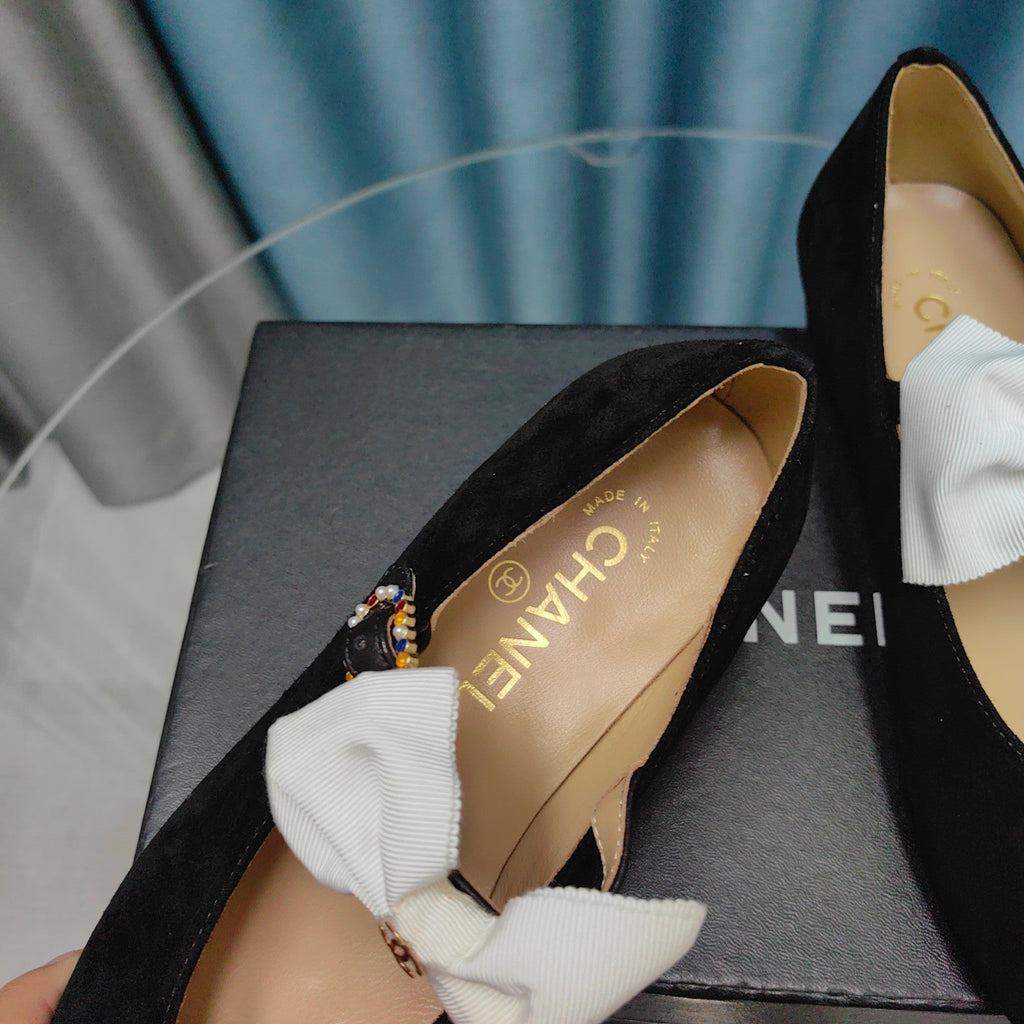 Chanel Mary Jane Shoes Black Suede with White Bow