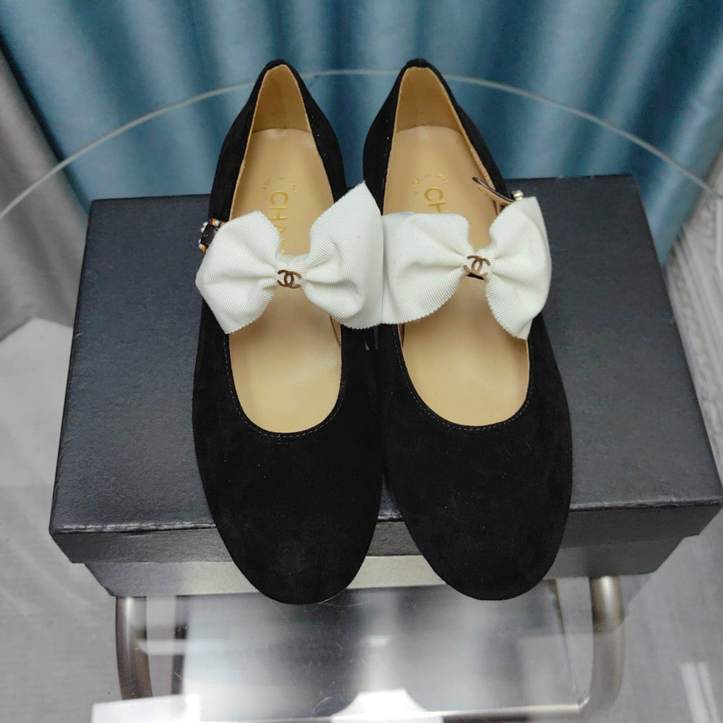 Chanel Mary Jane Shoes Black Suede with White Bow